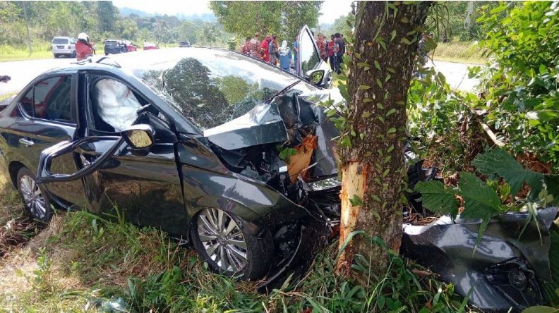 Kereta langgar pokok, suami isteri parah, anak kembar cedera