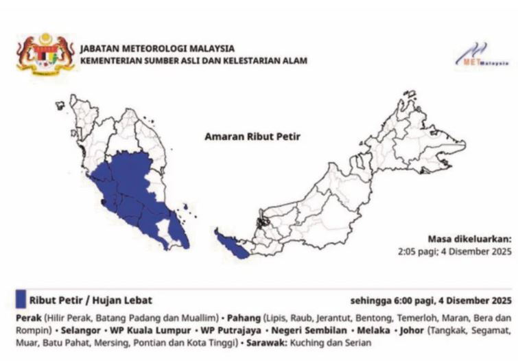 Amaran hujan lebat, ribut petir di beberapa negeri termasuk KL pagi ini – MetMalaysia