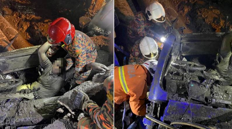 Treler rempuh 2 kereta masuk parit, pemandu tersepit